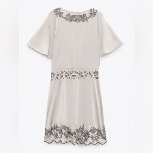 ZARA SHORT EMBROIDERED DRESS PEARL GRAY SZ S - Picture 6 of 10
